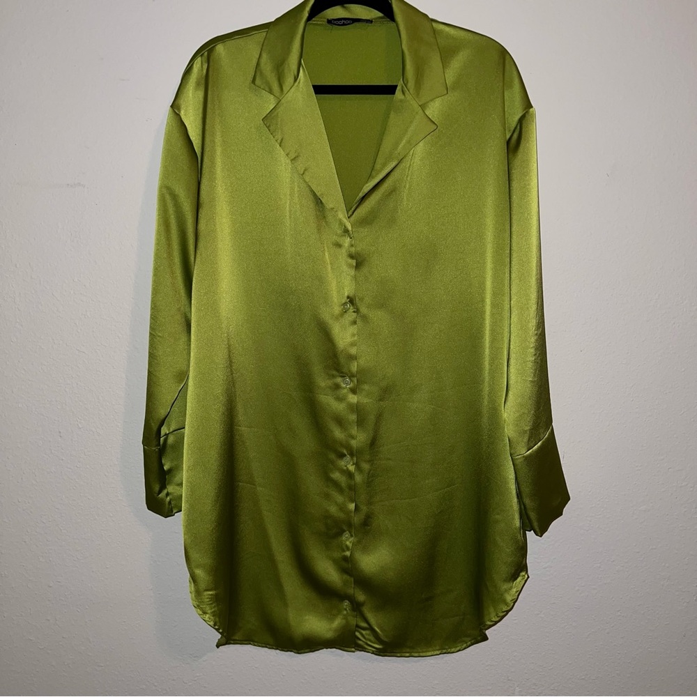 Boohoo Green Satin Oversized Shirt Dress